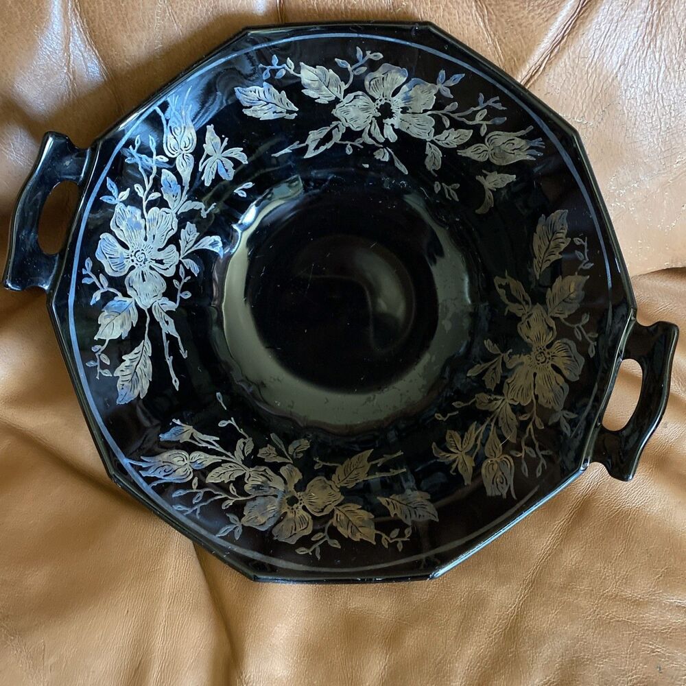 Cambridge Amethyst Glass DECAGON Ebony LOLA Silver Overlay 2-Hdld Small Bowl